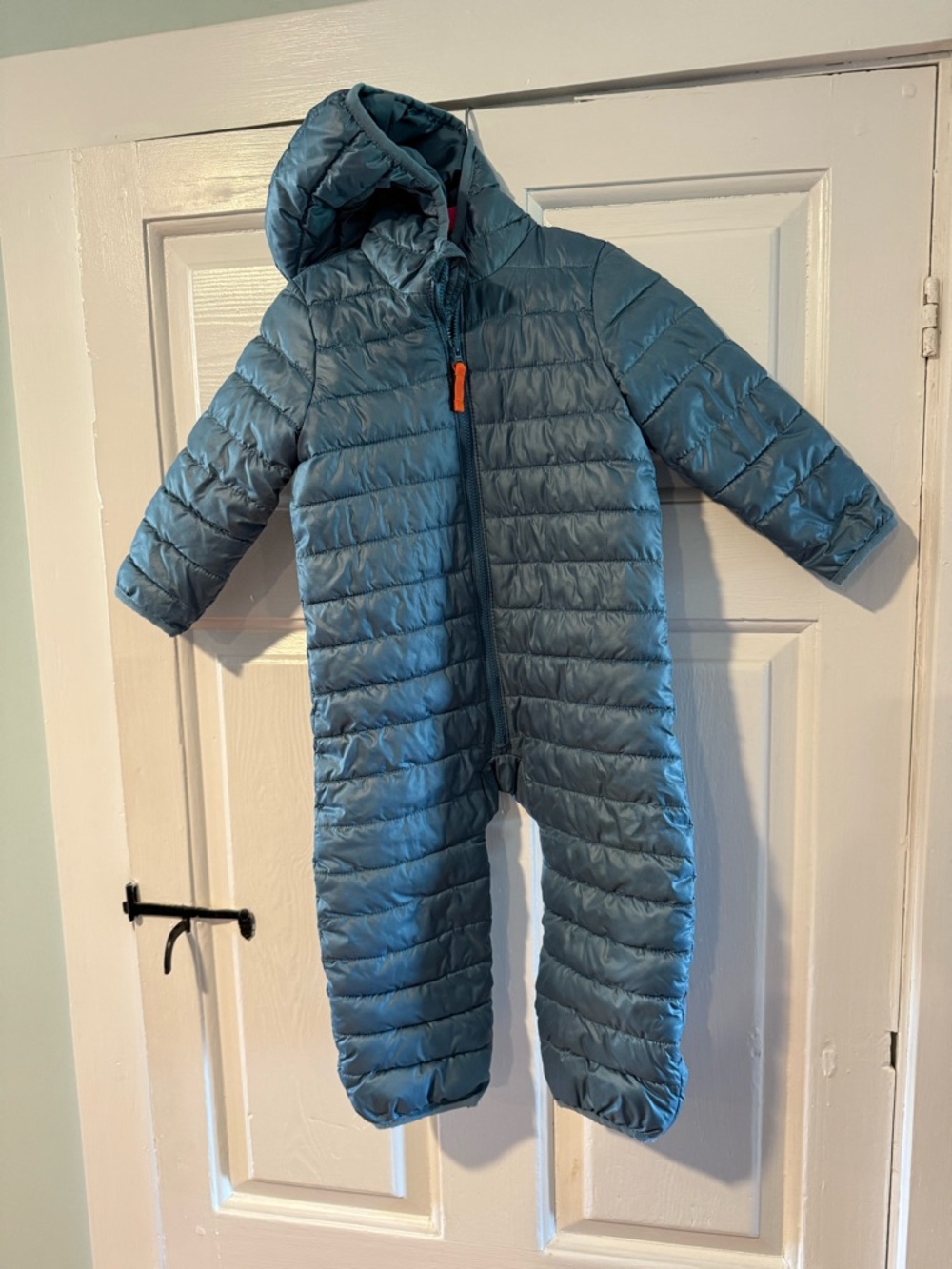 Primary Slate Blue Puffer One-Piece Snowsuit with Hood
